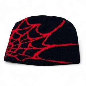 black and red spider web beanie